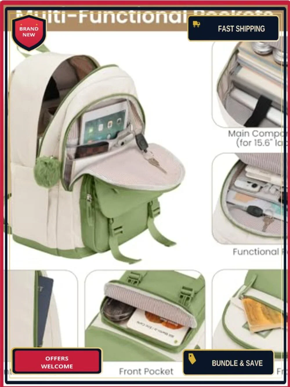 3-Piece 15.6 Inch Waterproof Laptop Backpack Set with Lunch Bag and Pencil Case